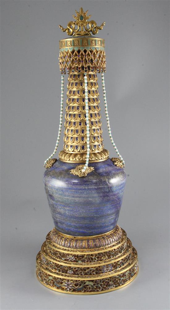 A large Chinese gilt bronze cloisonne enamel and lapis lazuli altar piece, height 59cm